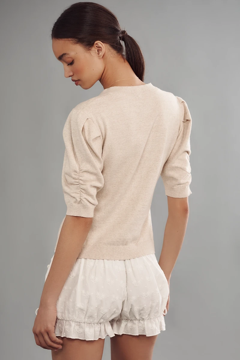 By Anthropologie Cotton Cashmere Puff-Sleeve Crew-Neck Cardigan Sweater