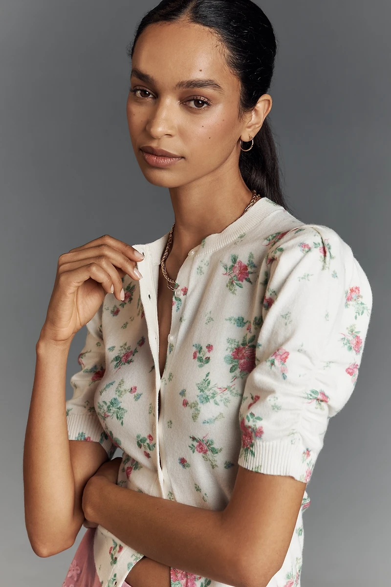 By Anthropologie Cotton Cashmere Puff-Sleeve Crew-Neck Cardigan Sweater