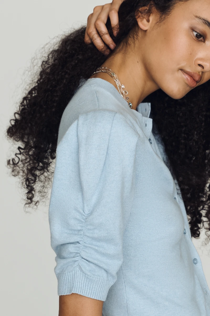 By Anthropologie Cotton Cashmere Puff-Sleeve Crew-Neck Cardigan Sweater