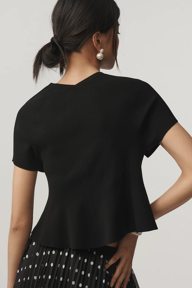 Maeve Short-Sleeve High-Neck Hourglass Ruffle Sweater