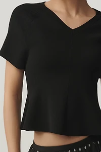 Maeve Short-Sleeve High-Neck Hourglass Ruffle Sweater