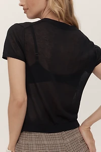 Maeve Short-Sleeve Sheer Ruched Cardigan Sweater