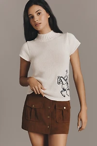Maeve Equestrian Embroidered Mock-Neck Short-Sleeve Sweater