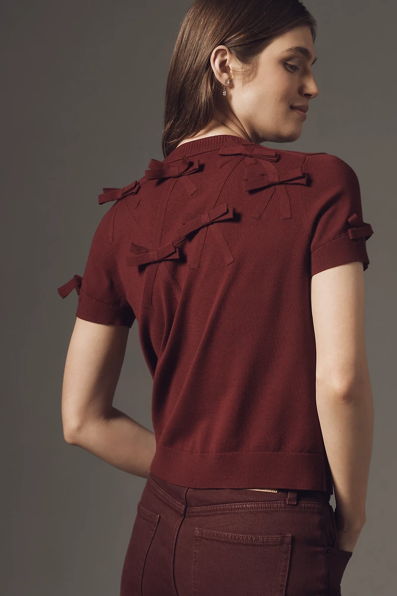 Maeve Short-Sleeve Bow Appliqué Cardigan Sweater