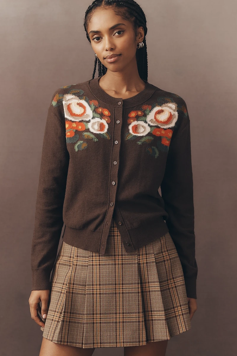 By Anthropologie Crew-Neck Floral Cardigan Sweater