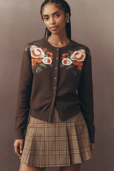 By Anthropologie Crew-Neck Floral Cardigan Sweater