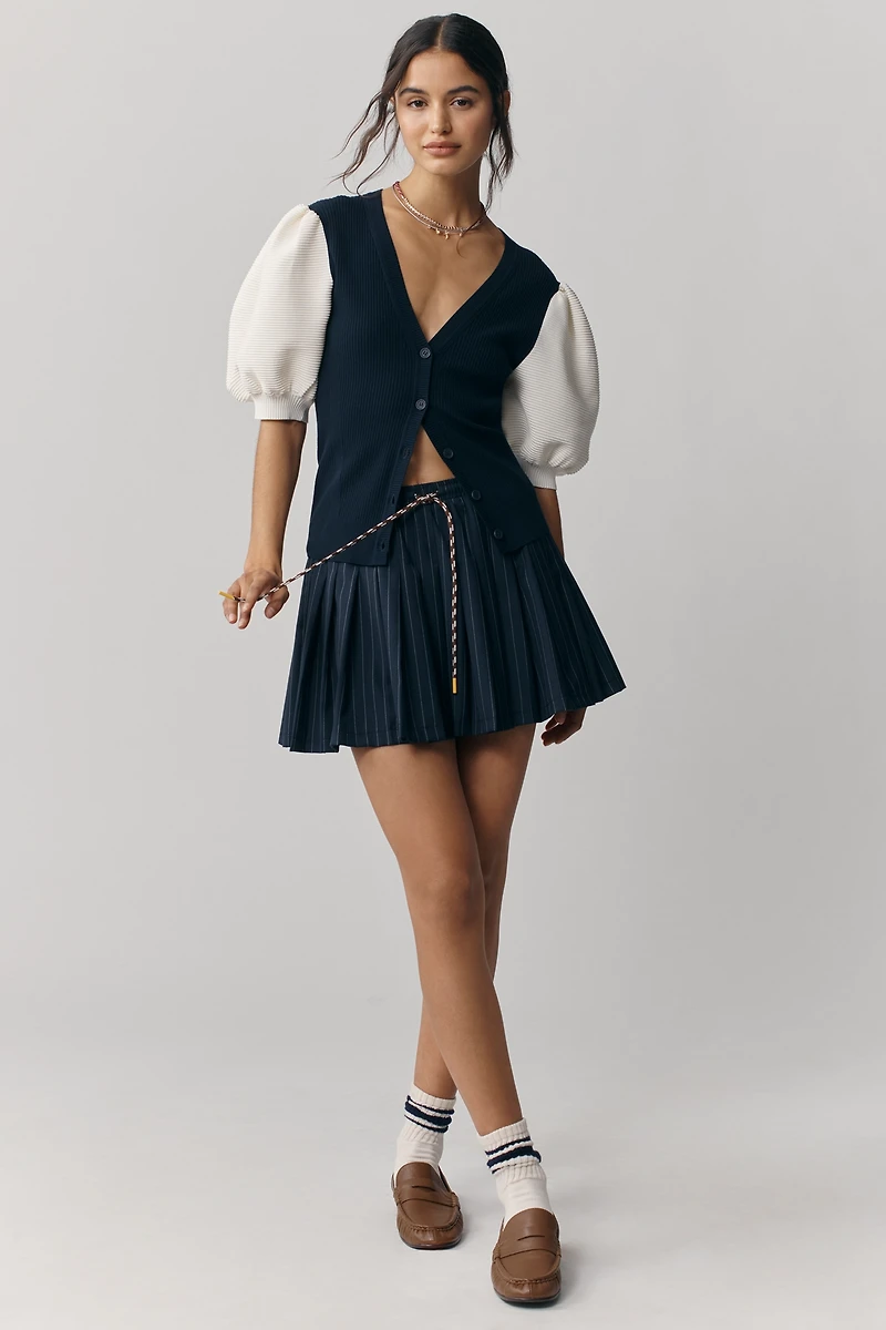 Maeve Puffed Short-Sleeve V-Neck Cardigan Sweater