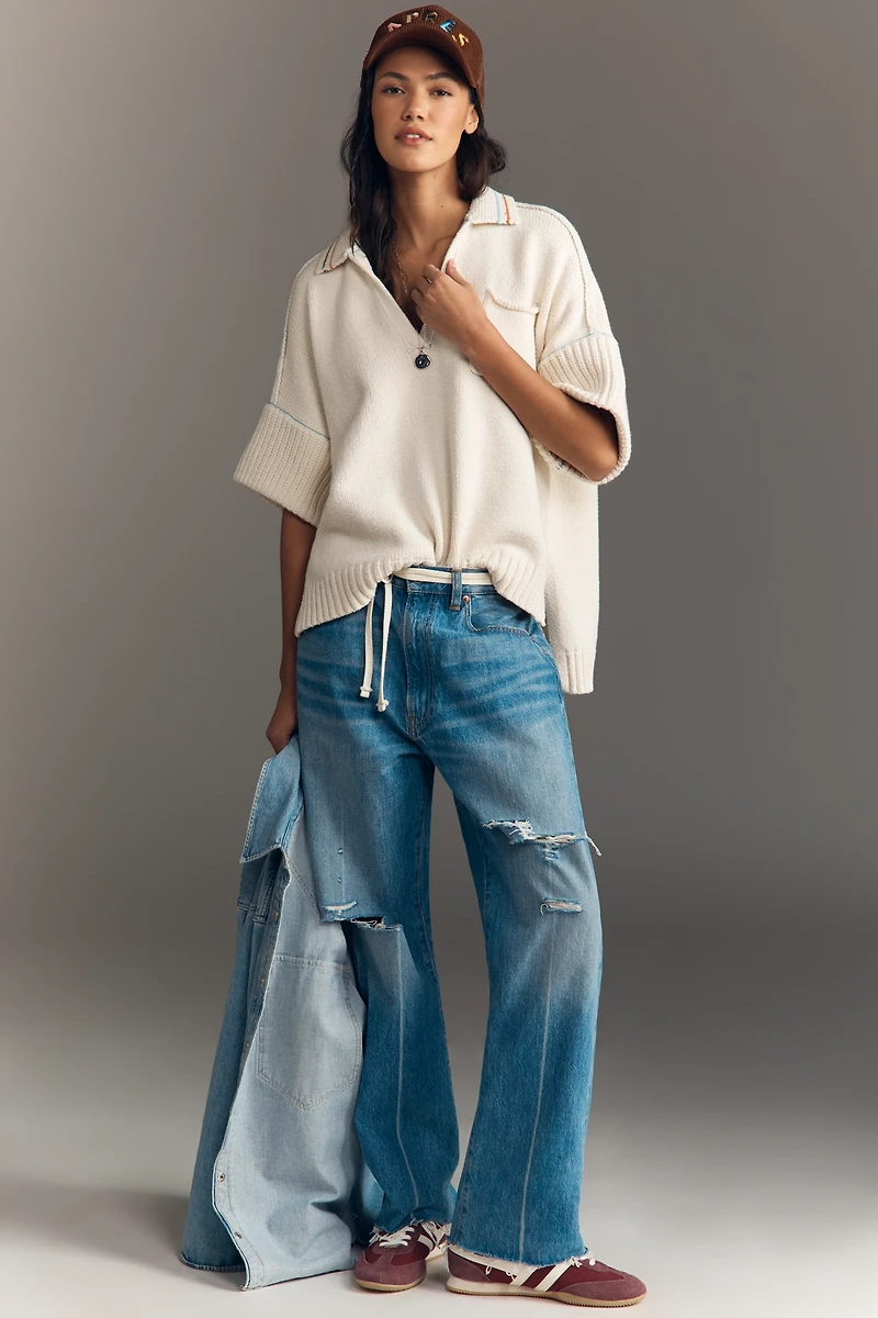 Pilcro Half-Sleeve Collared V-Neck Popover Top