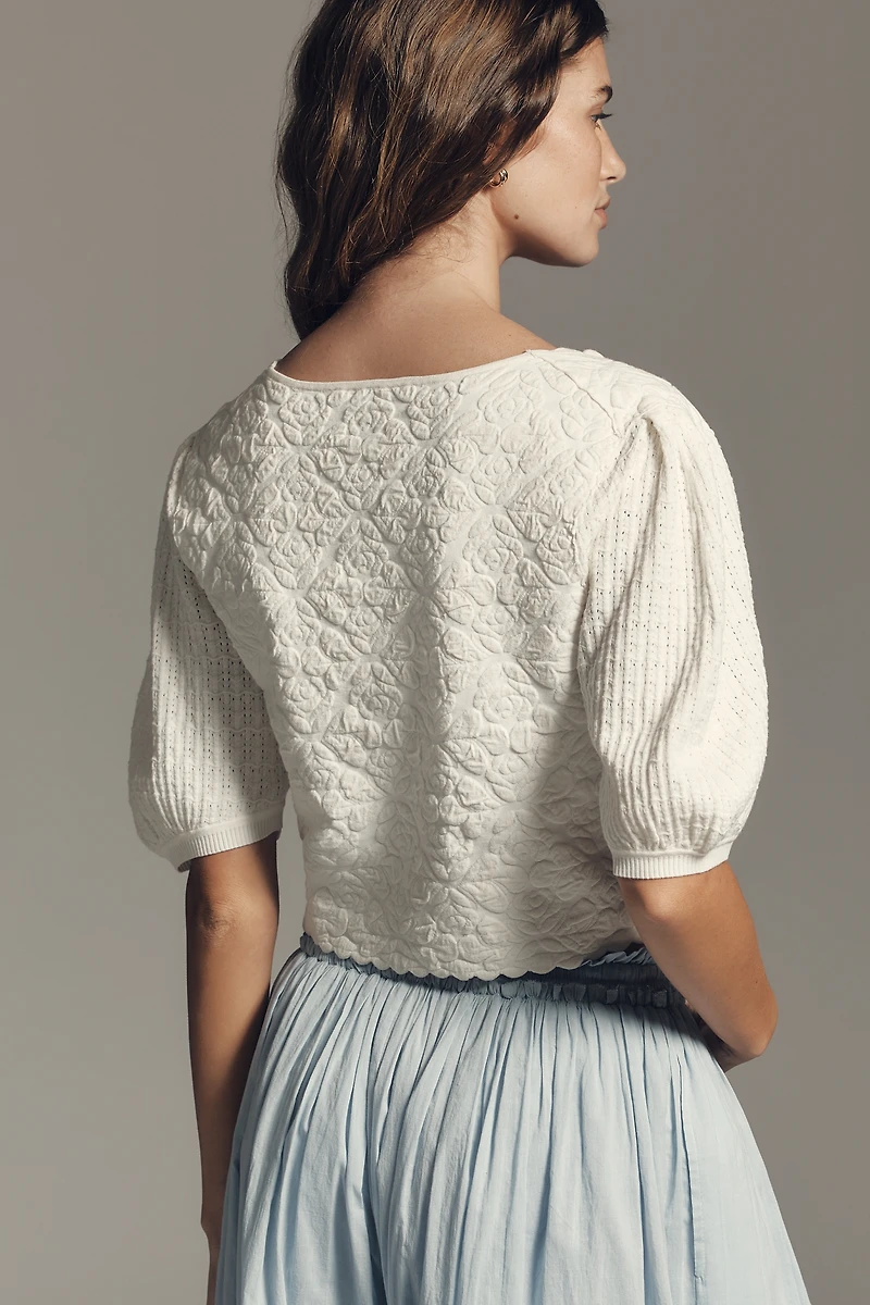 Maeve Puff-Sleeve V-Neck Embossed Sweater