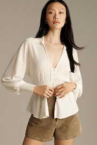 By Anthropologie Long-Sleeve V-Neck Waisted Sheer Sweater