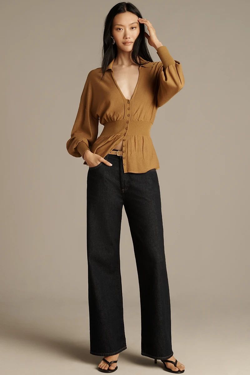 By Anthropologie Long-Sleeve V-Neck Waisted Sheer Sweater