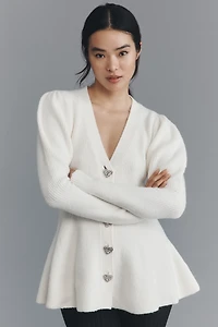 Maeve Puff-Sleeve Heart-Button Cardigan Sweater