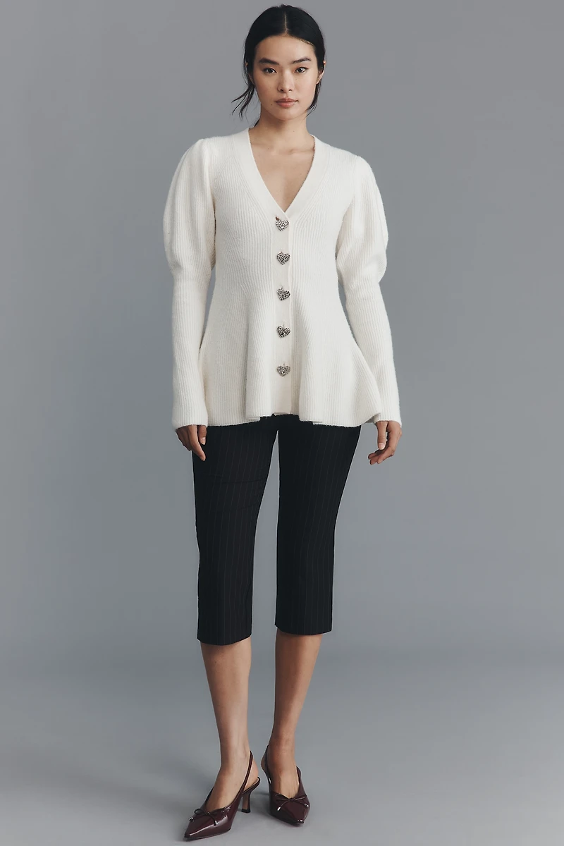 Maeve Puff-Sleeve Heart-Button Cardigan Sweater