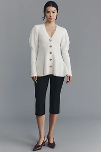 Maeve Puff-Sleeve Heart-Button Cardigan Sweater