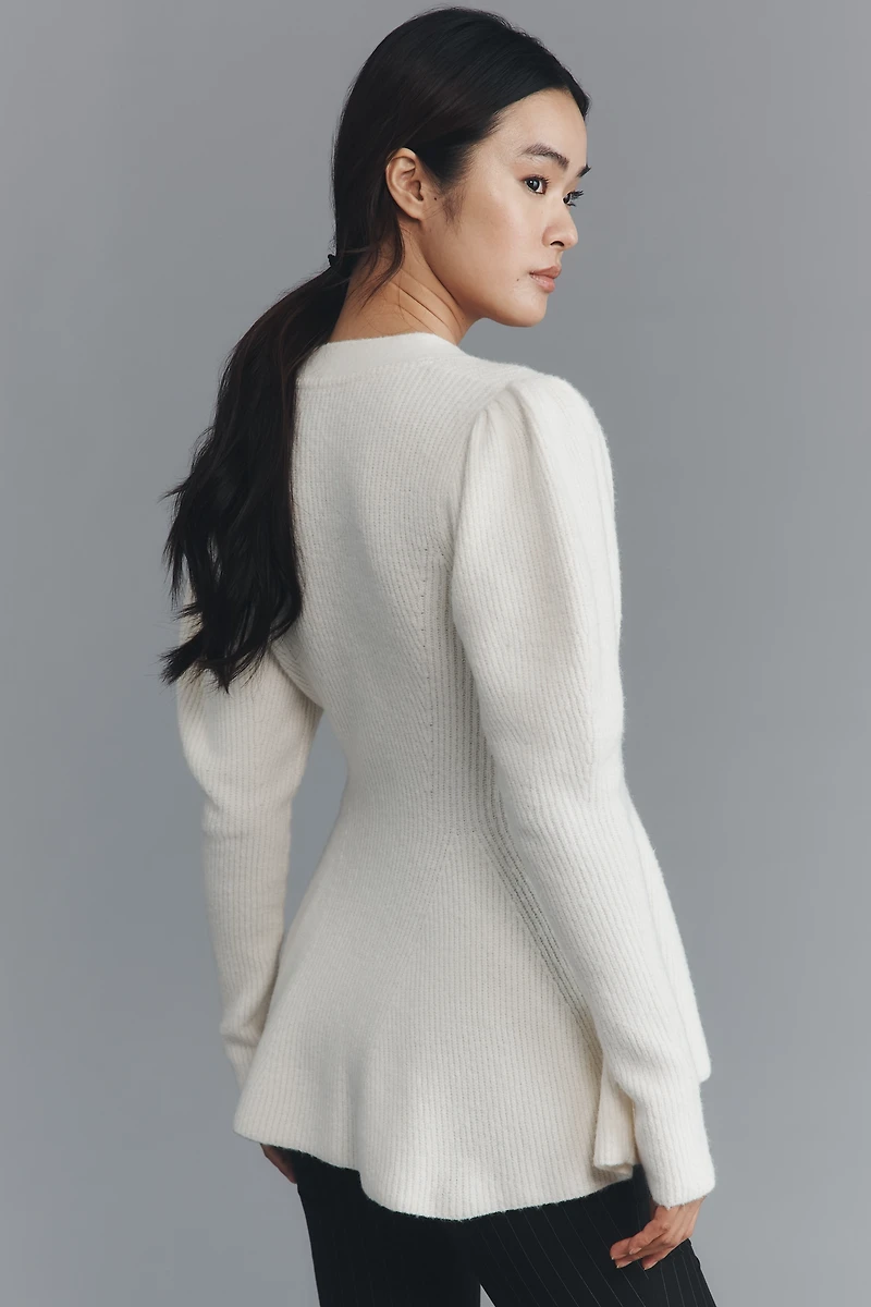 Maeve Puff-Sleeve Heart-Button Cardigan Sweater