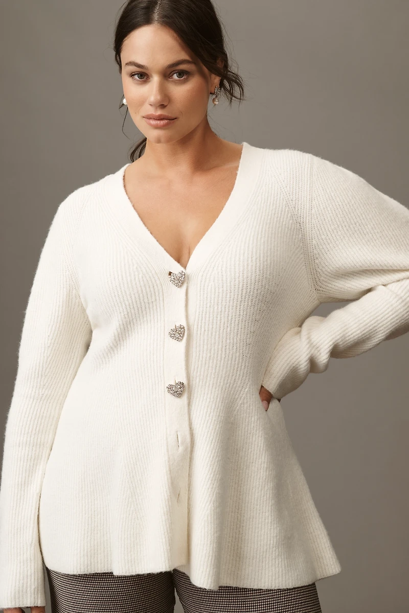 Maeve Puff-Sleeve Heart-Button Cardigan Sweater