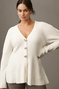 Maeve Puff-Sleeve Heart-Button Cardigan Sweater