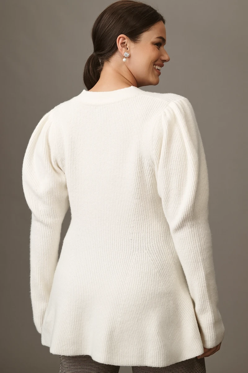 Maeve Puff-Sleeve Heart-Button Cardigan Sweater