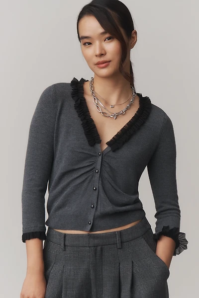 Maeve Ruched & Ruffled Cardigan Sweater