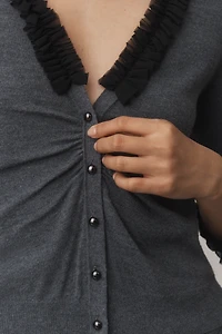 Maeve Ruched & Ruffled Cardigan Sweater