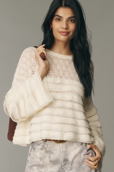 Pilcro Boatneck Ruffled Pointelle Swing Sweater