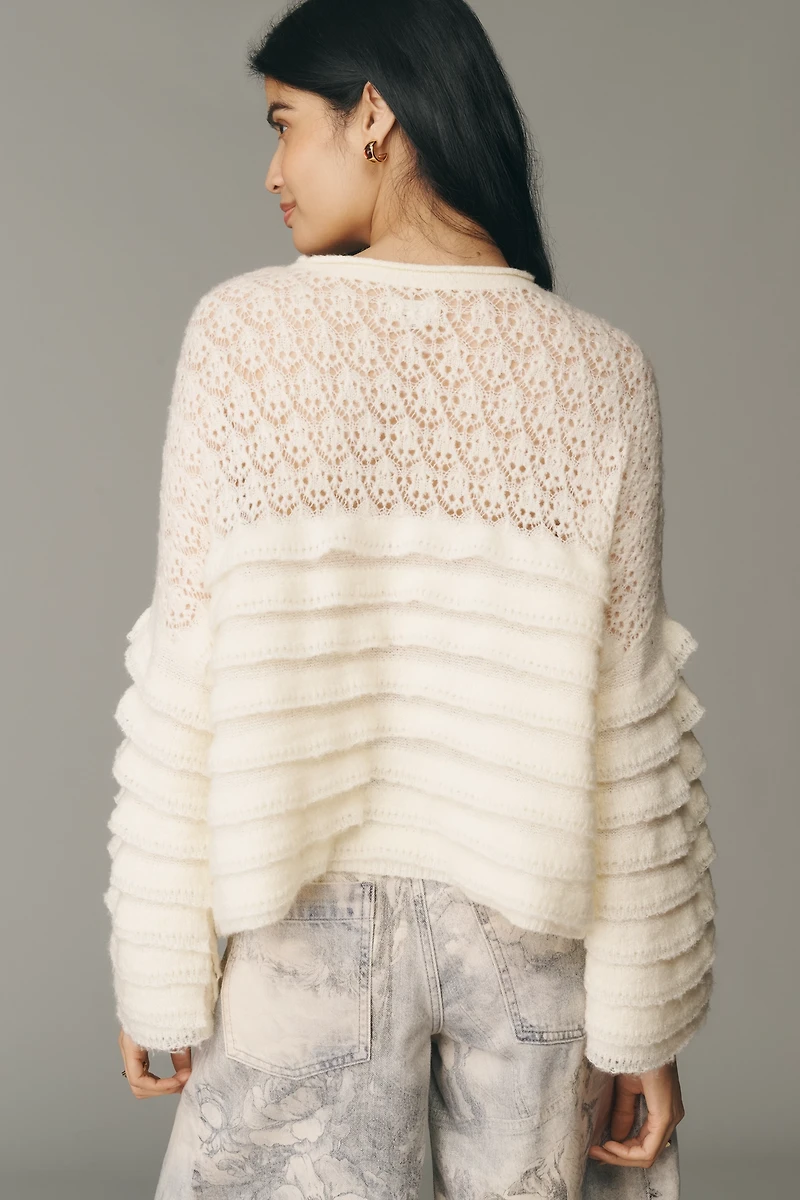 Pilcro Boatneck Ruffled Pointelle Swing Sweater