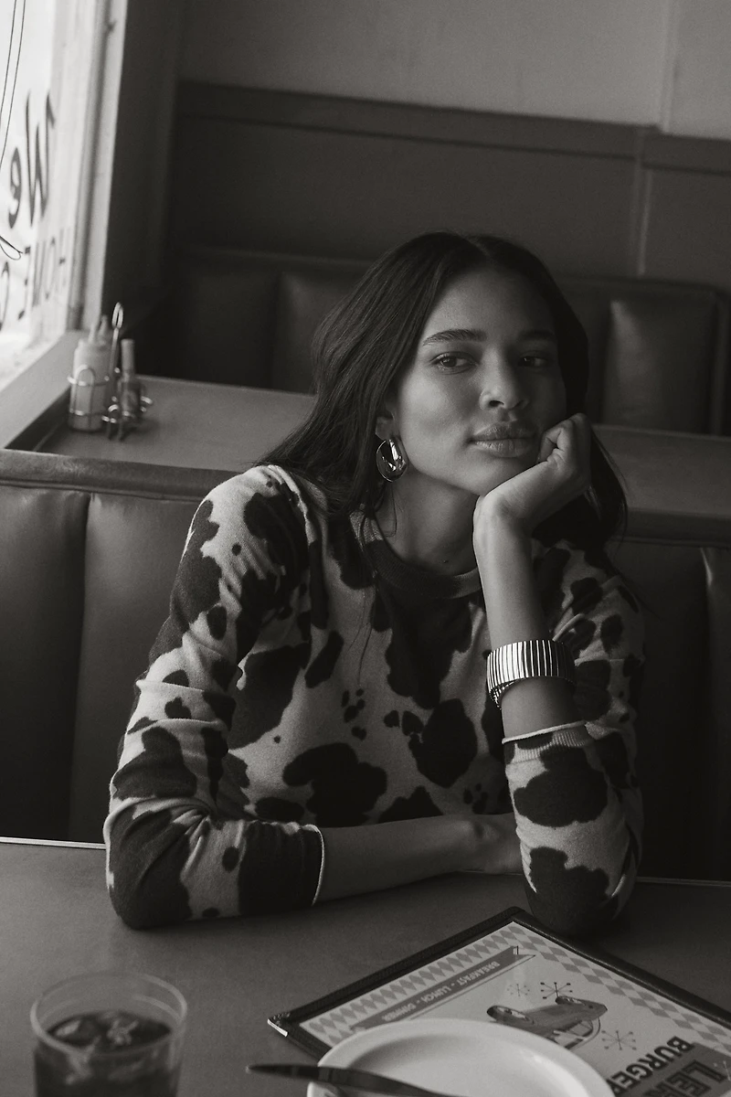 Maeve Crew-Neck Cow Print Sweater