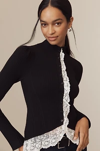 By Anthropologie Mock-Neck Ruffled Lace Cardigan Sweater