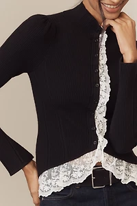 By Anthropologie Mock-Neck Ruffled Lace Cardigan Sweater