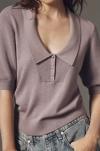 Maeve Short-Sleeve Collared Scoop-Neck Sweater