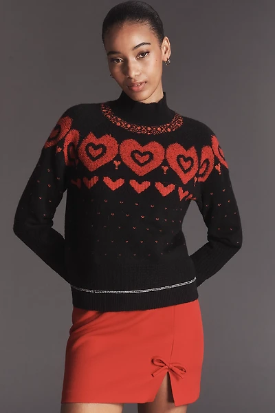 Maeve Mock-Neck Metallic Heart Icon Sweater