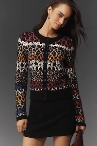Maeve Crew-Neck Animal Print Cardigan Sweater