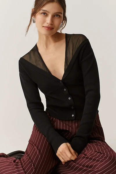 Maeve Sheer-Inset V-Neck Cardigan Sweater