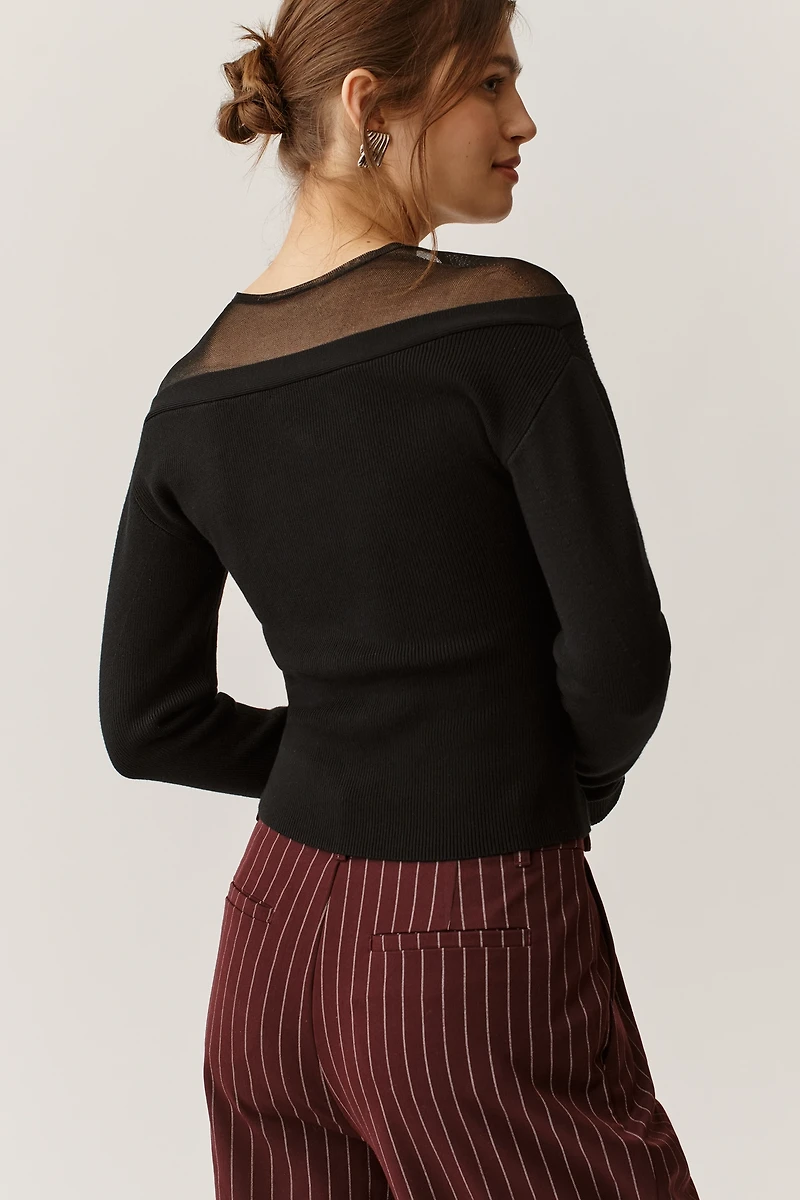 Maeve Sheer-Inset V-Neck Cardigan Sweater