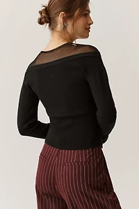 Maeve Sheer-Inset V-Neck Cardigan Sweater