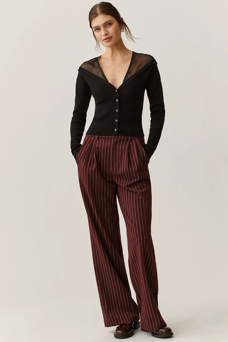 Maeve Sheer-Inset V-Neck Cardigan Sweater