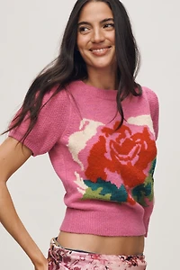 By Anthropologie Puff Sleeve Rose Icon Sweater