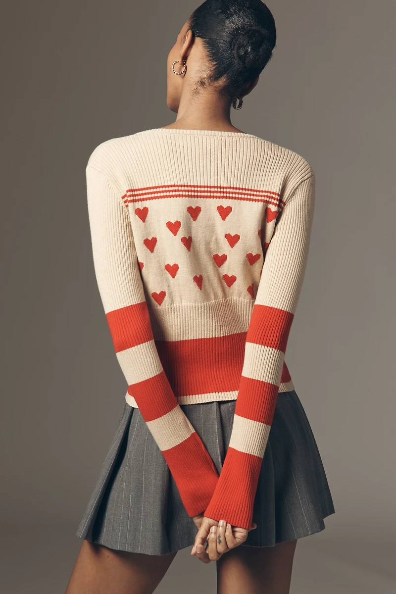 Maeve Sweetheart Ribbed Long-Sleeve Crew-Neck Cardigan Sweater