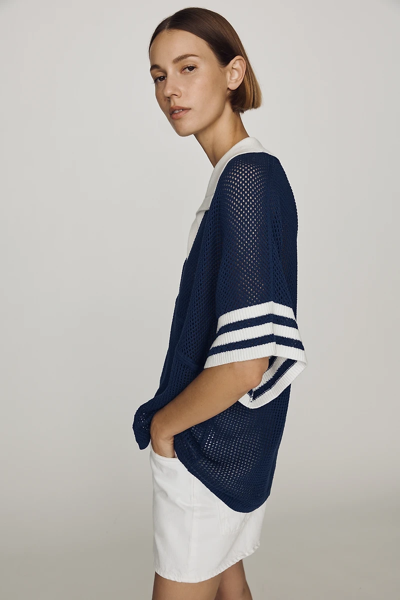 Maeve Cotton Short-Sleeve Varsity Sweater