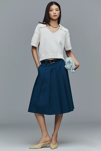 Maeve Collared V-Neck Ribbed Hem Short-Sleeve Sweater