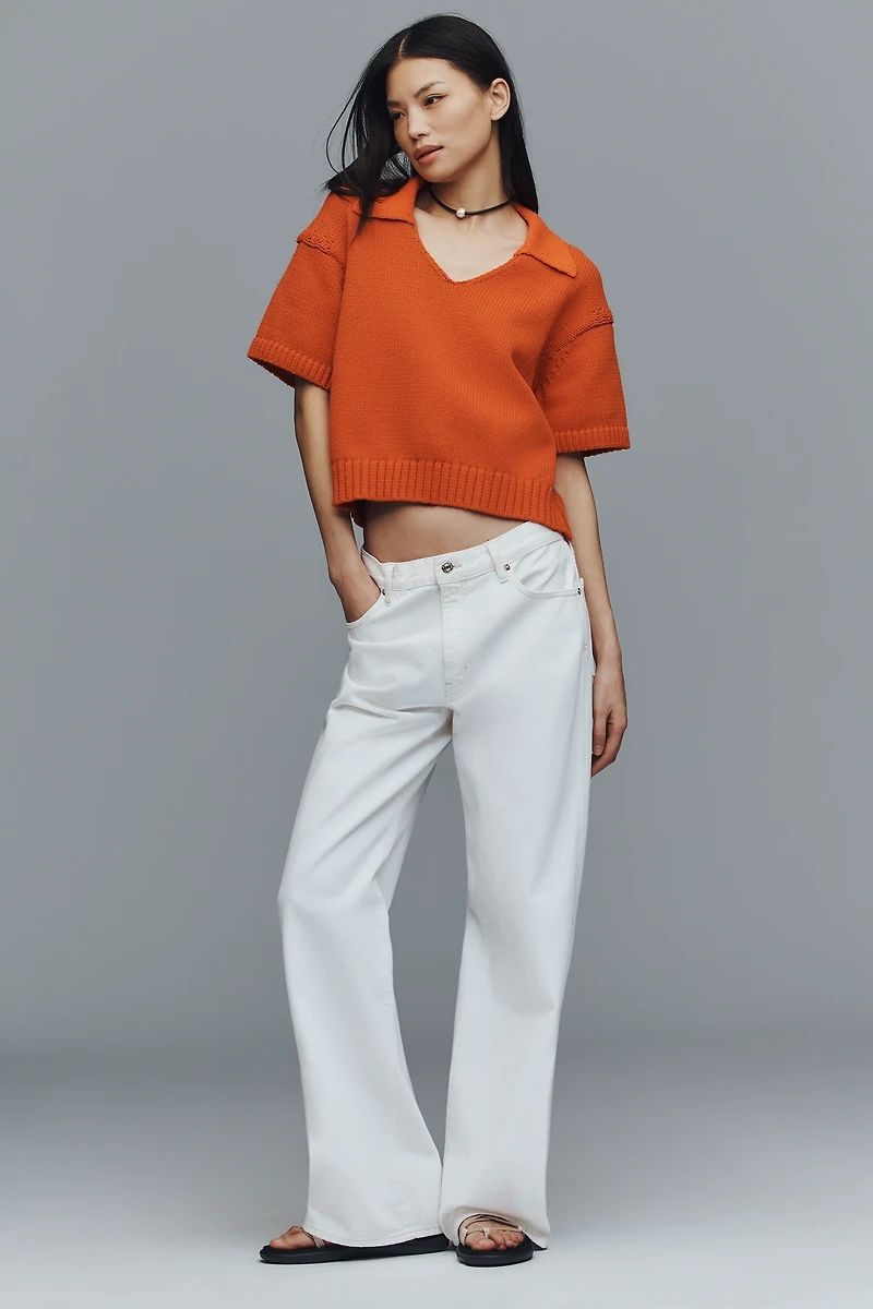 Maeve Collared V-Neck Ribbed Hem Short-Sleeve Sweater