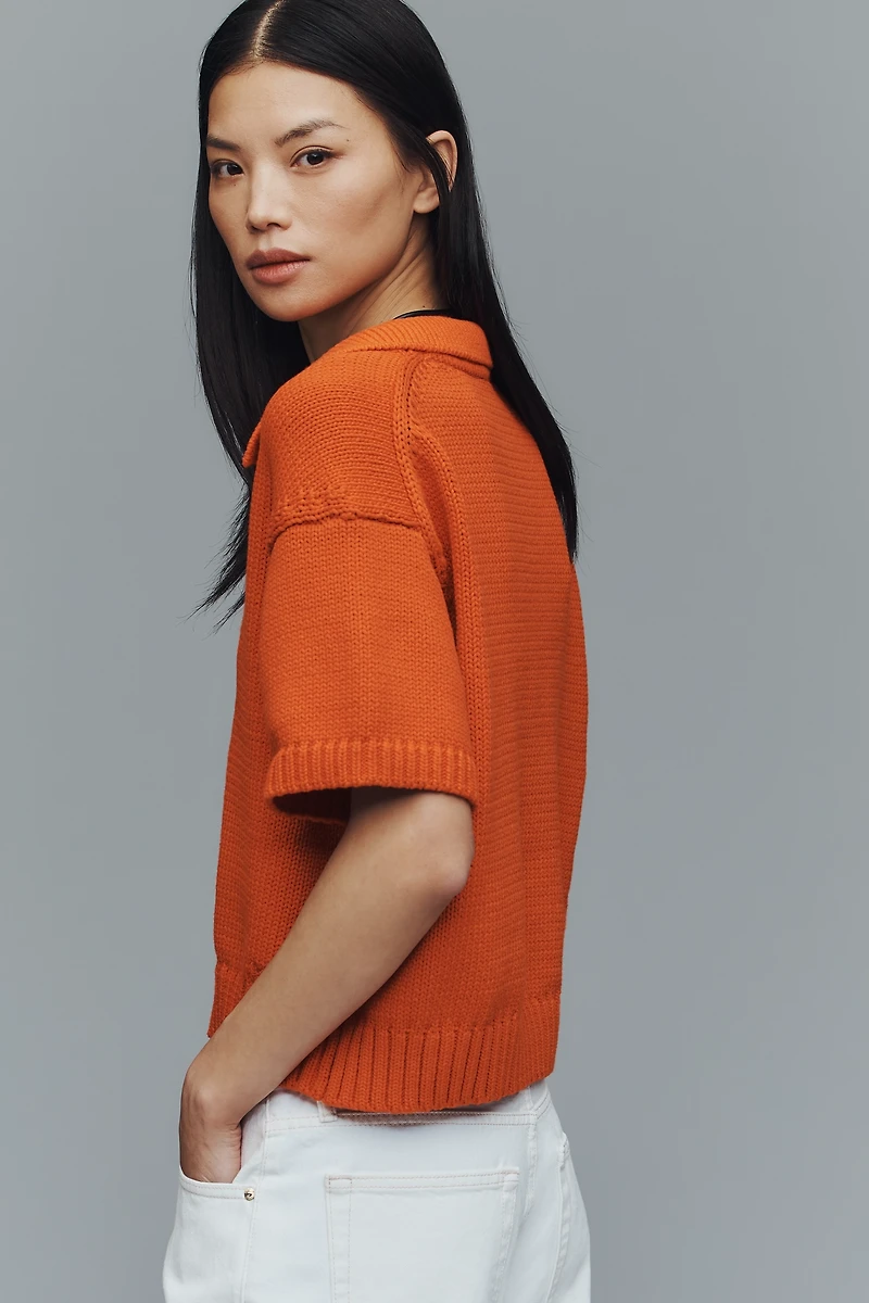 Maeve Collared V-Neck Ribbed Hem Short-Sleeve Sweater