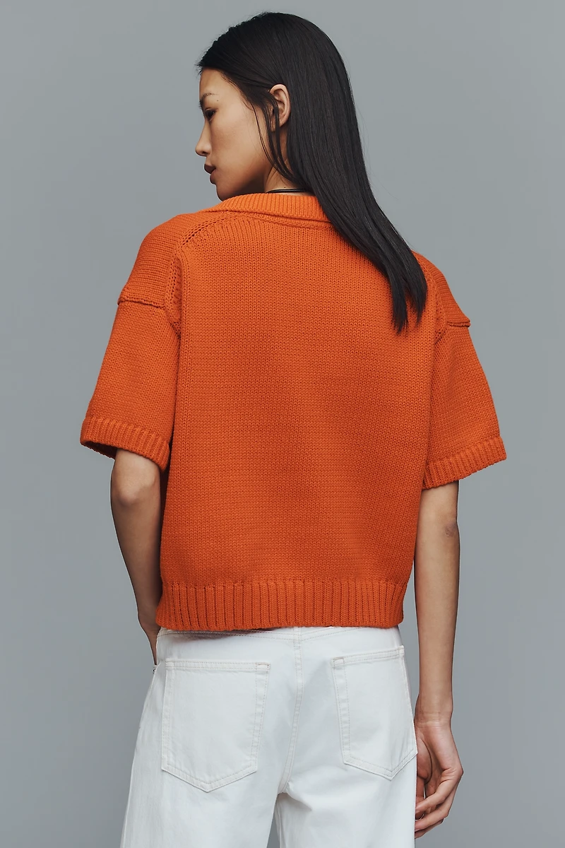 Maeve Collared V-Neck Ribbed Hem Short-Sleeve Sweater