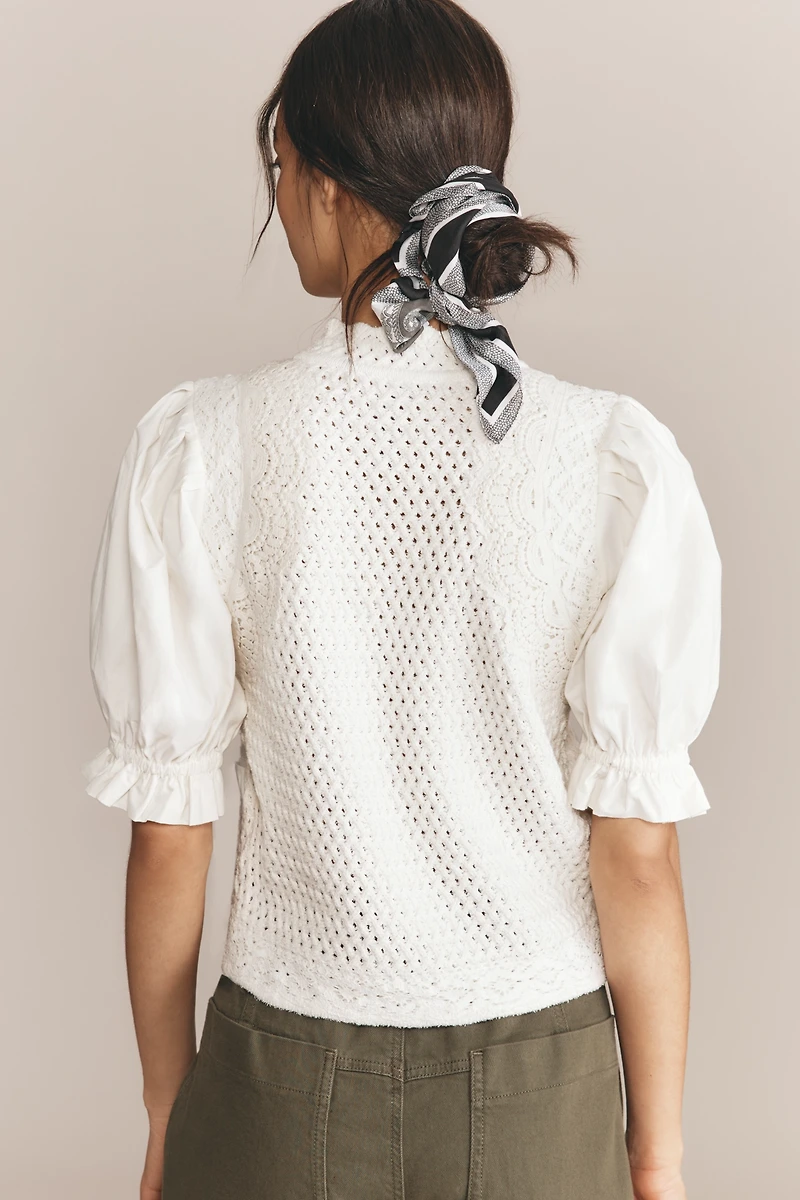 By Anthropologie Puff-Sleeve Mock-Neck Mixed Media Cardigan Sweater
