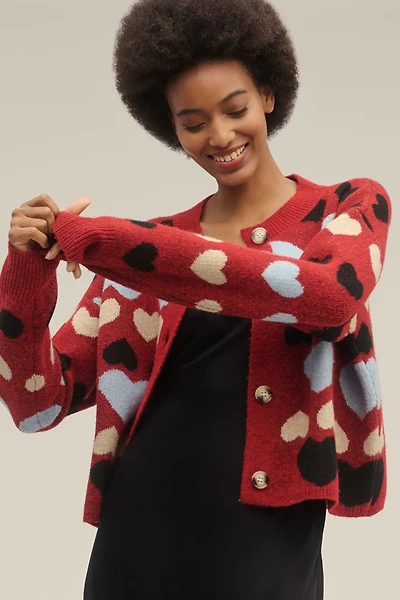 English Factory Crew-Neck Heart Icon Cardigan Sweater