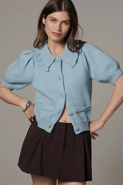 English Factory Puff-Sleeve Collared Cardigan Sweater