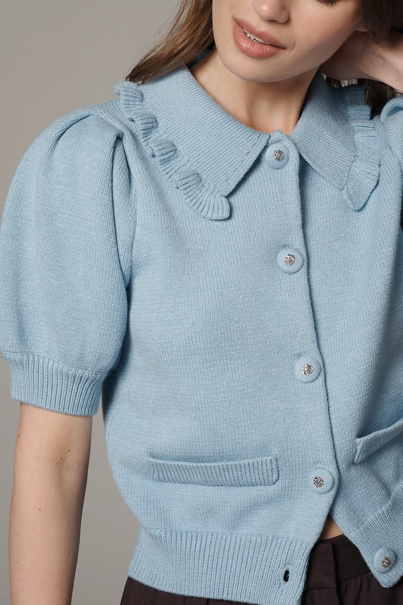 English Factory Puff-Sleeve Collared Cardigan Sweater