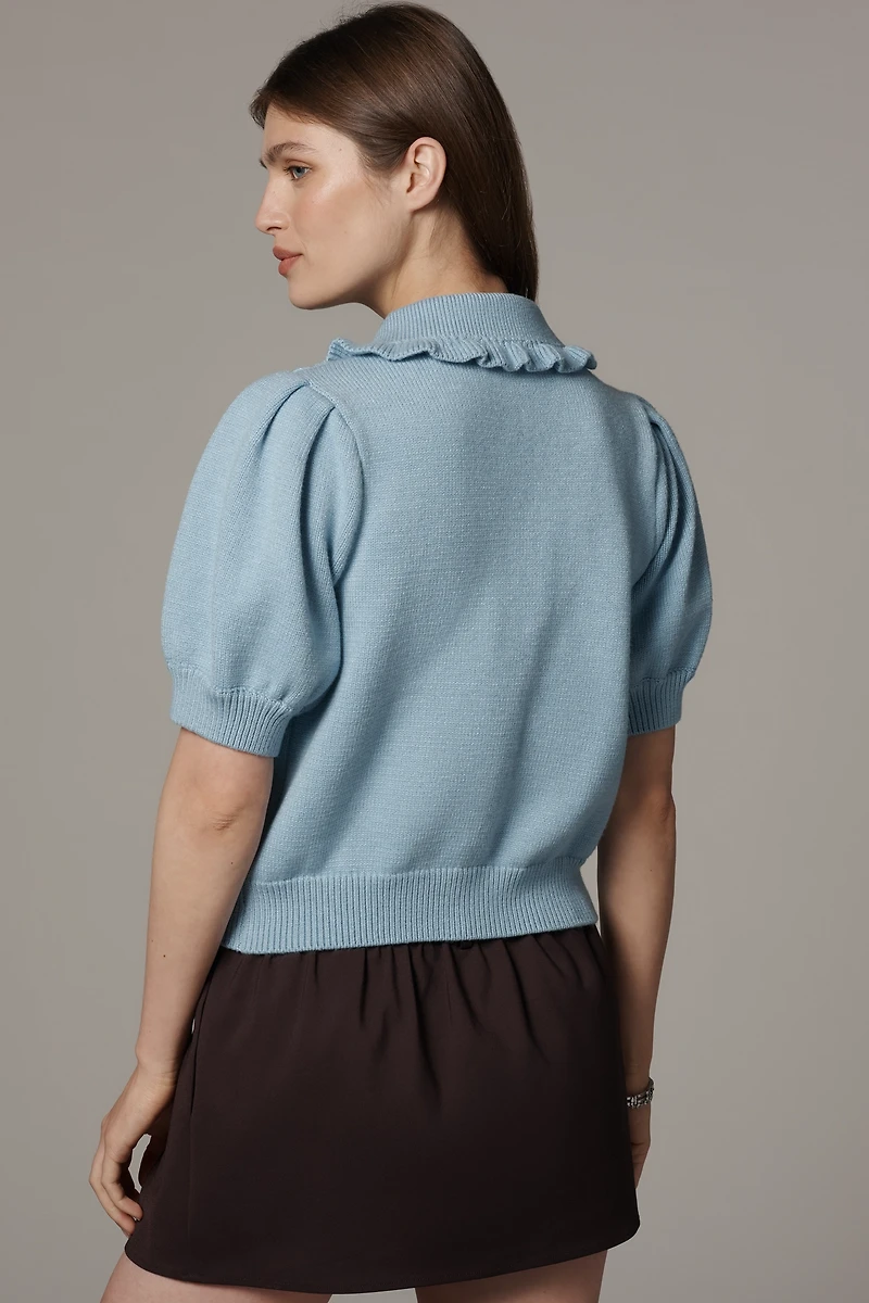 English Factory Puff-Sleeve Collared Cardigan Sweater