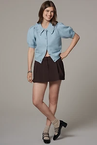 English Factory Puff-Sleeve Collared Cardigan Sweater