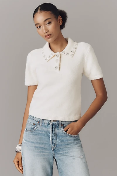 English Factory Short-Sleeve Embellished Polo Sweater